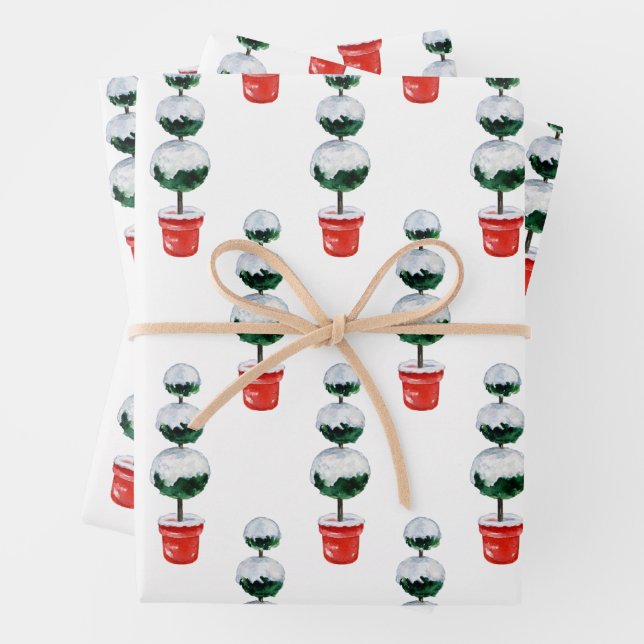 Watercolor Red & Green Christmas Topiary Wrapping Paper Sheet (In situ)