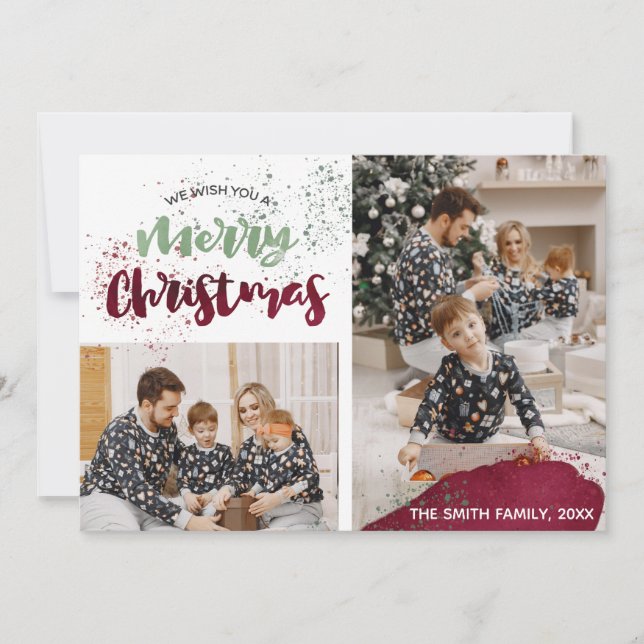 Watercolor Red Green Family Photo Merry Christmas Holiday Card (Front)