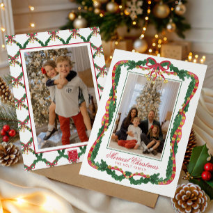 Watercolor Red & Green Jingle Bells Photo Holiday Card