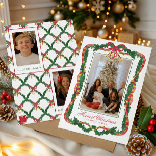 Watercolor Red & Green Jingle Bells Photo Holiday Card
