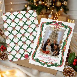 Watercolor Red & Green Jingle Bells Photo Holiday Card