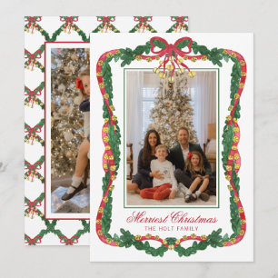 Watercolor Red & Green Jingle Bells Photo Holiday Card