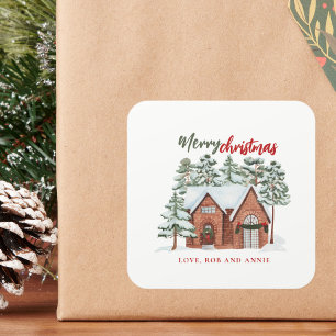 Watercolor Red Green Modern Nordic Christmas Tree Square Sticker