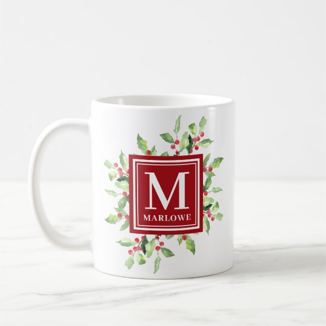 Watercolor Red Green Monogram Christmas Mug (Left)