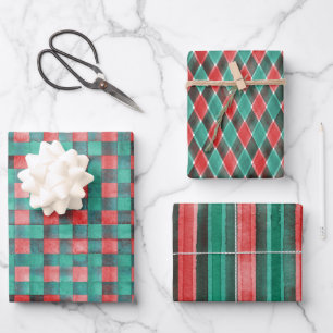 Watercolor Red Green Plaid Festive Holiday Pattern Wrapping Paper Sheet