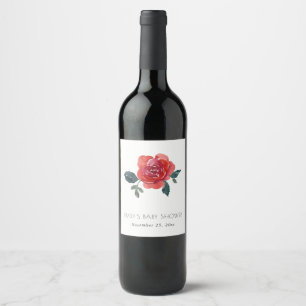 WATERCOLOR RED GREEN ROSE FLORAL BABY SHOWER WINE LABEL