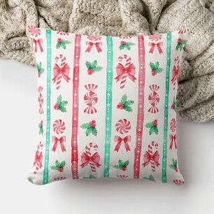 Watercolor Red + Green Stripes Candy Cane Cushion