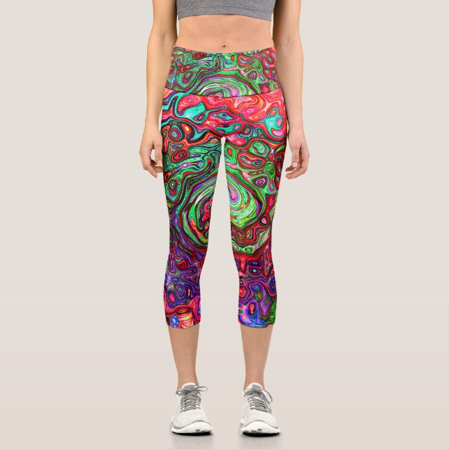 Watercolor Red Groovy Abstract Retro Liquid Swirl Capri Leggings (Front)
