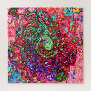 Watercolor Red Groovy Abstract Retro Liquid Swirl Jigsaw Puzzle