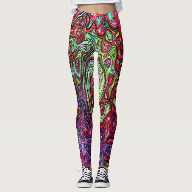 Watercolor Red Groovy Abstract Retro Liquid Swirl Leggings (Front)