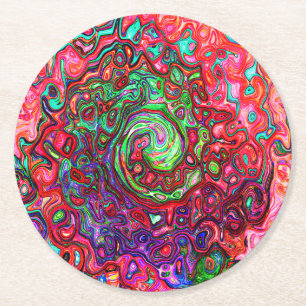 Watercolor Red Groovy Abstract Retro Liquid Swirl Round Paper Coaster