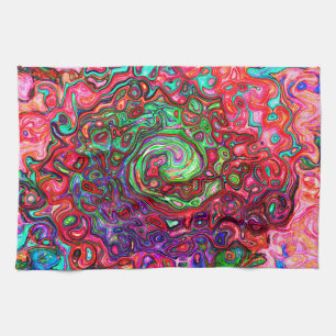 Watercolor Red Groovy Abstract Retro Liquid Swirl Tea Towel