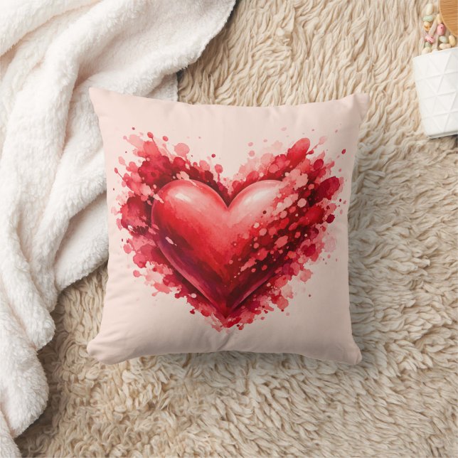 Watercolor Red Heart Splash Throw Pillow  (Blanket)