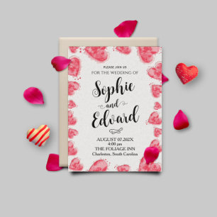 Watercolor Red Hearts on Romantic Wedding Invitation