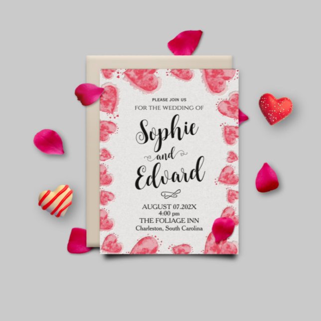 Watercolor Red Hearts on Romantic Wedding Invitation (Wedding Invitation 2023 with hearts)