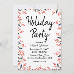 Watercolor Red Holiday Party Winter Berries Leaves Invitation