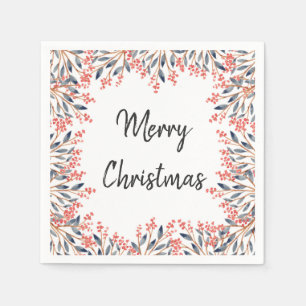 Watercolor Red Holiday Party Winter Berries Leaves Napkin