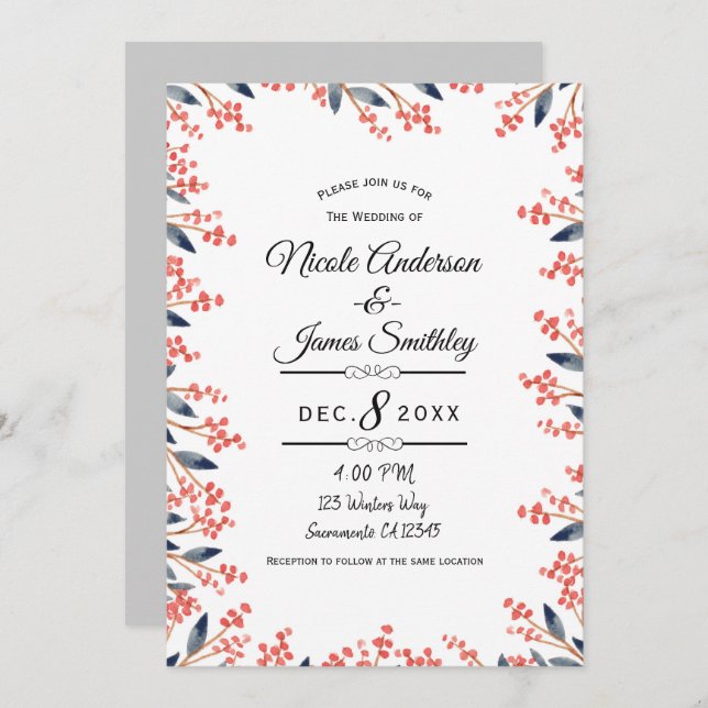 Watercolor Red Holiday Winter Berries Wedding Invitation (Front/Back)