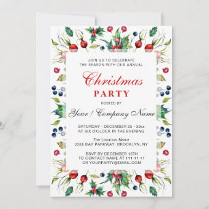 Watercolor Red Holly Berry Christmas Party Invitation