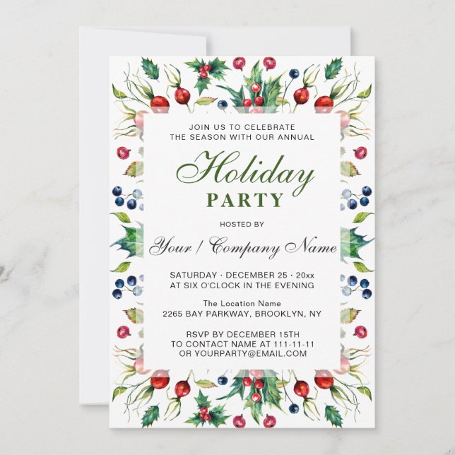 Watercolor Red Holly Berry Holiday Party Invitation (Front)