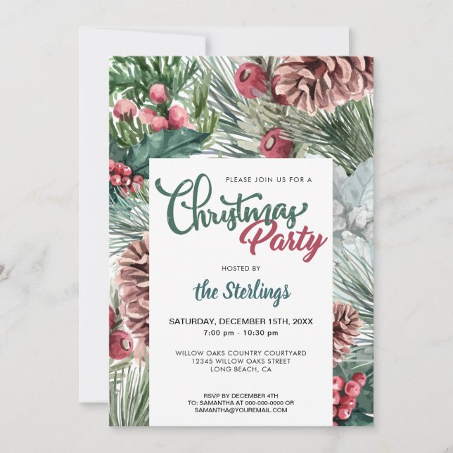 Watercolor Red Holly Green Pine Christmas Party Invitation (Front)