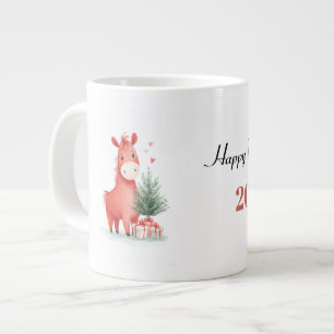 Watercolor Red Horse with Gifts & Christmas Tree Large Coffee Mug