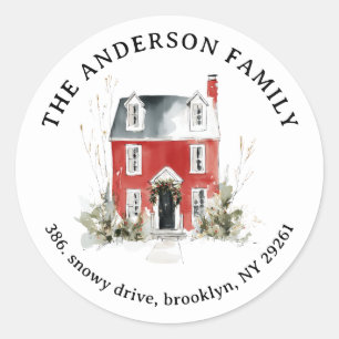 Watercolor Red House Christmas Return Address Classic Round Sticker