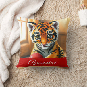 Watercolor Red Kids Name Tiger Cub Cushion