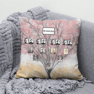Watercolor Red Leaf Family Tree with Photos  Cushion