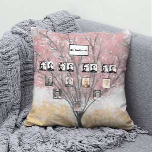 Watercolor Red Leaf Family Tree with Photos  Cushion