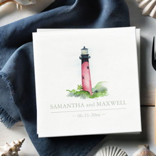 Watercolor Red Lighthouse Beach Wedding Napkin
