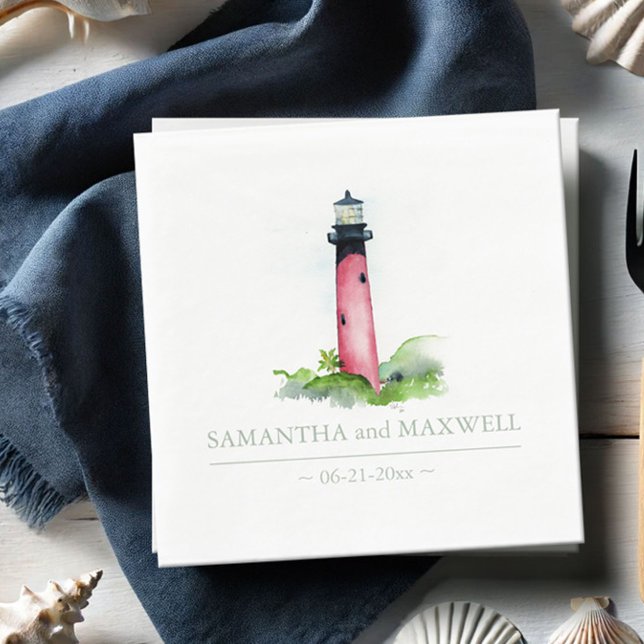 Watercolor Red Lighthouse Beach Wedding Napkin (Jupiter lighthouse personalized napkins watercolor art by Victoria Grigaliunas of Do Tell A Belle)