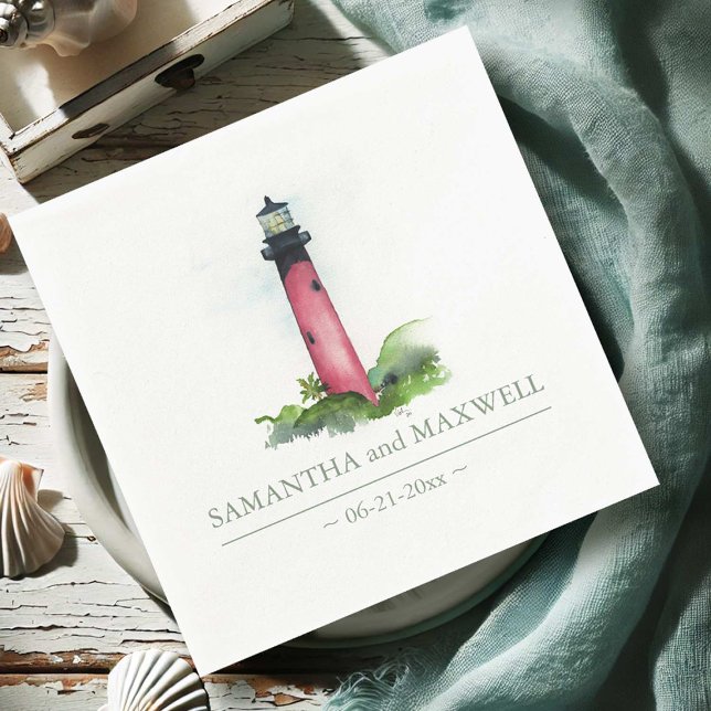 Watercolor Red Lighthouse Beach Wedding Napkin (Beach wedding personalized napkins watercolor lighthouse by Victoria Grigaliunas Do Tell A Belle)