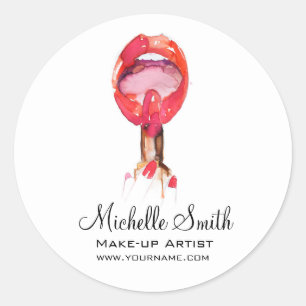 Watercolor red lips and lipstick makeup branding classic round sticker