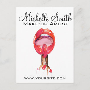 Watercolor red lips and lipstick makeup branding  postcard
