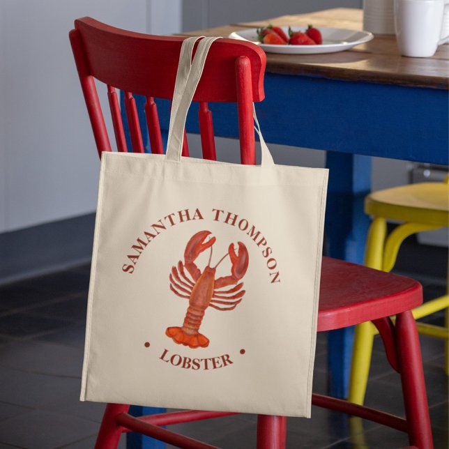 Watercolor Red Lobster Personalized Tote Bag (Red lobster custom coastal seaside tote bag.)
