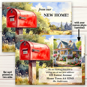 Watercolor Red Mailbox New Home Moving Announcement