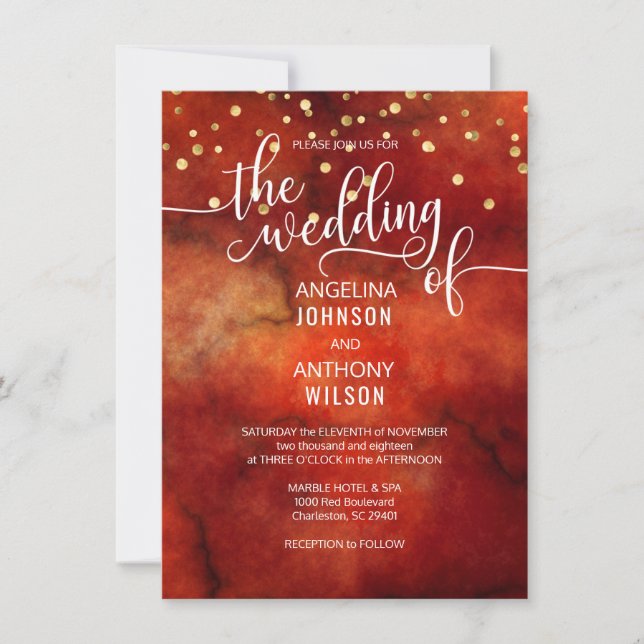Watercolor RED Marsala GOLD Wedding Invitations (Front)