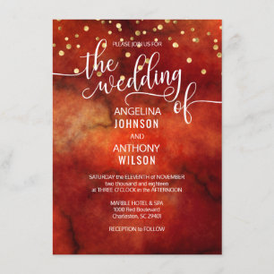 Watercolor RED Marsala GOLD Wedding Invitations
