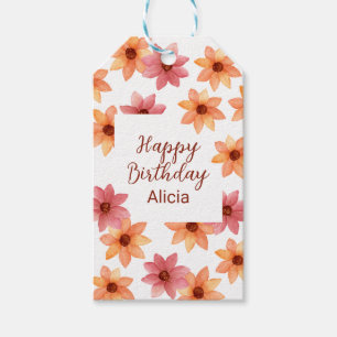 Watercolor Red Orange Autumn Flower Birthday White Gift Tags