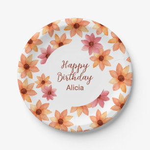Watercolor Red Orange Autumn Flower Birthday White Paper Plate