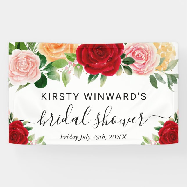 Watercolor Red Orange Roses Bridal Shower Welcome Banner (Horizontal)