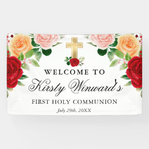 Watercolor Red Orange Roses First Holy Communion Banner