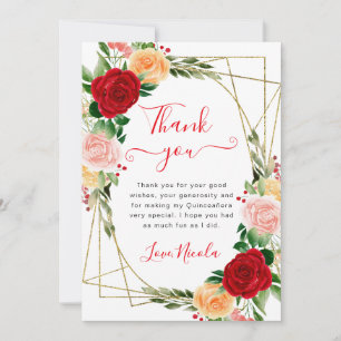 Watercolor Red Orange Roses Frame Quinceanera Thank You Card