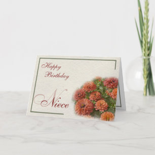Watercolor Red & Orange Zinnias Niece Birthday Card