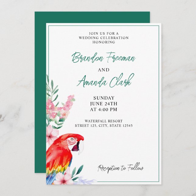 Watercolor Red Parrot Floral Wedding Invitation (Front/Back)