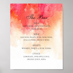 Watercolor red peach wedding alcohol drinks bar poster