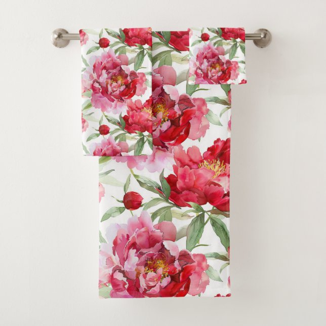 Watercolor Red Peony Pattern Bath Towel Set (Insitu)