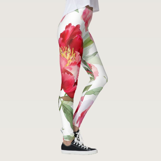 Watercolor Red Peony Pattern Leggings (Right)