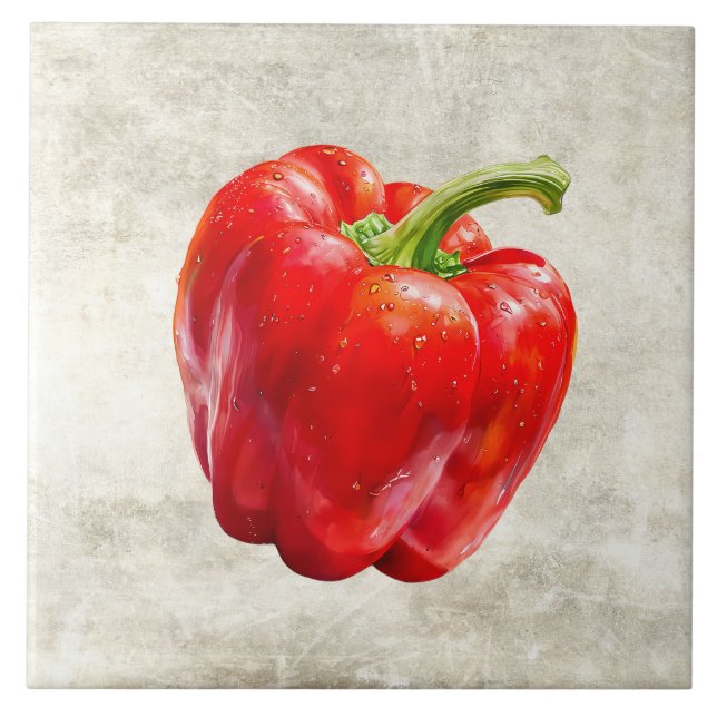 Watercolor Red Pepper Faux Texture  Ceramic Tile (Front)